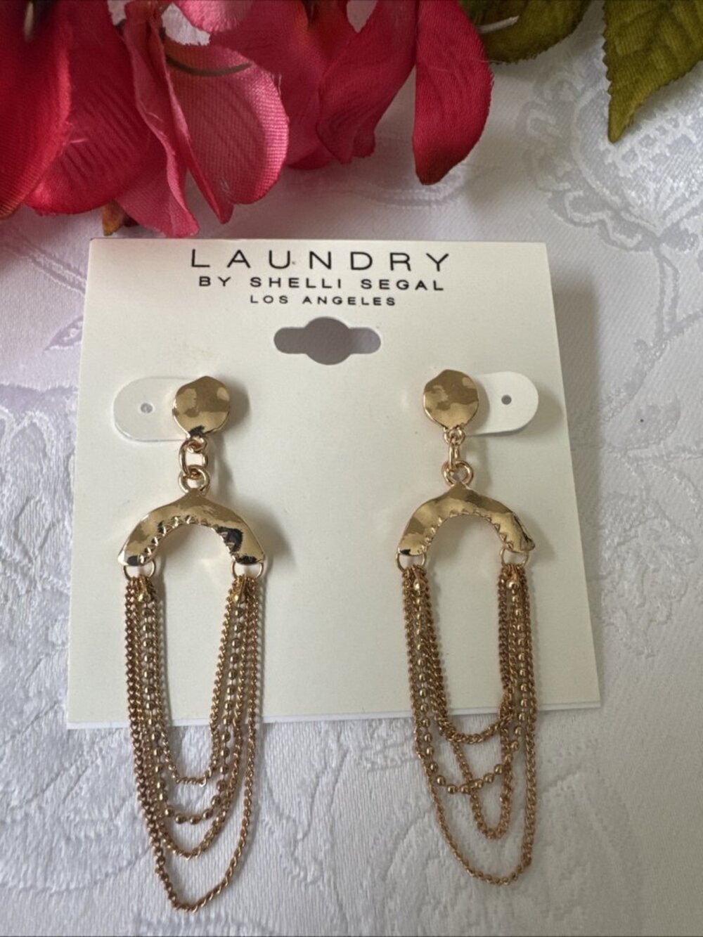 Laundry Shelli Segal Shiny Goldtone Dainty Arch Chain Dangle Earrings 2.5" NEW